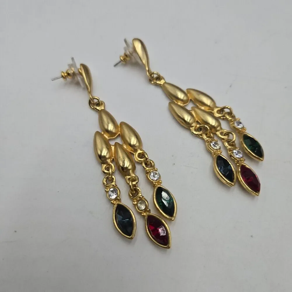 Vintage Moghul Style Jeweled Tone Cabochons Matte Gold Tone Earrings Dangle